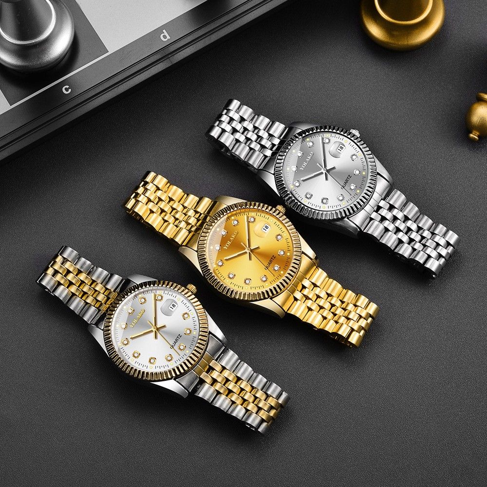 Watches for Women Simple Casual Student Fashion Quartz Diamond-Encrusted Steel Band Calendar Gold Set Men's Watch Couple