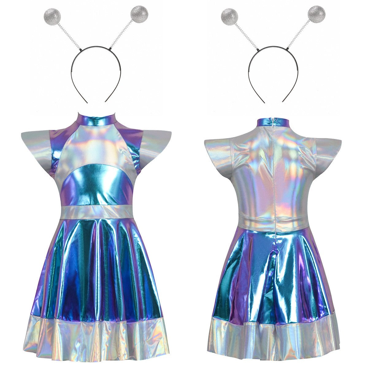Cyber Alien Laser Reflective Alien Cosplay Dress, Adult and Children's Party Outfit, Including Tentacle Headpiece