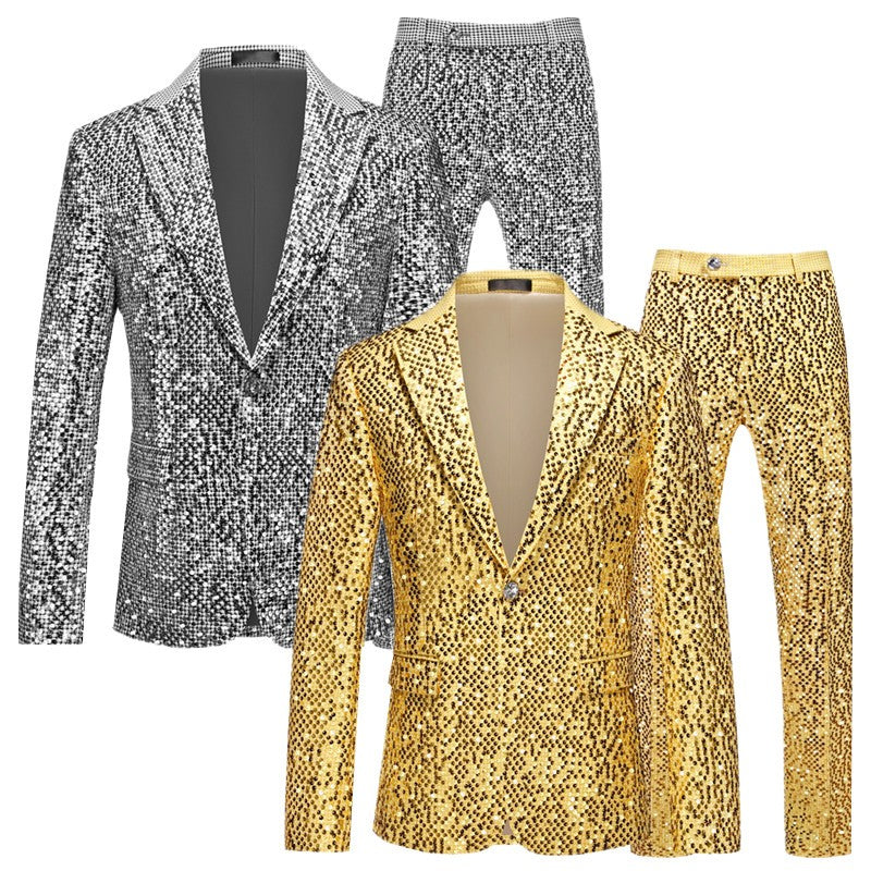 High-quality Sequined Suits Men Clothing Gold / Silver Autumn / Winter New Male Wedding Banquet Party Dress Blazer and Pant