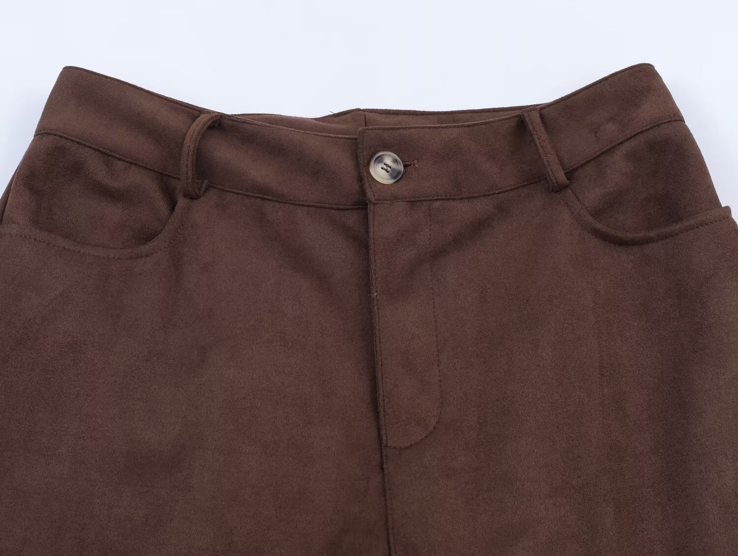 Die-Cut Hem Faux Suede Wide Leg Pants For Women Vintage Brown High Waist With Pockets Casual Loose Trousers