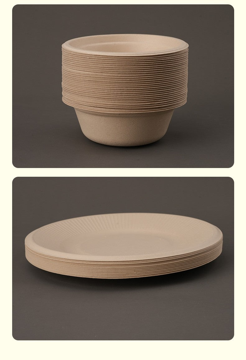Conjunto Descartável de Talheres de Polpa com 20 Peças Biodegradáveis Inclui Tigela Prato Faca Garfo Colher para Casa Festa Piquenique Recipientes de Comida