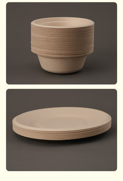 Conjunto Descartável de Talheres de Polpa com 20 Peças Biodegradáveis Inclui Tigela Prato Faca Garfo Colher para Casa Festa Piquenique Recipientes de Comida