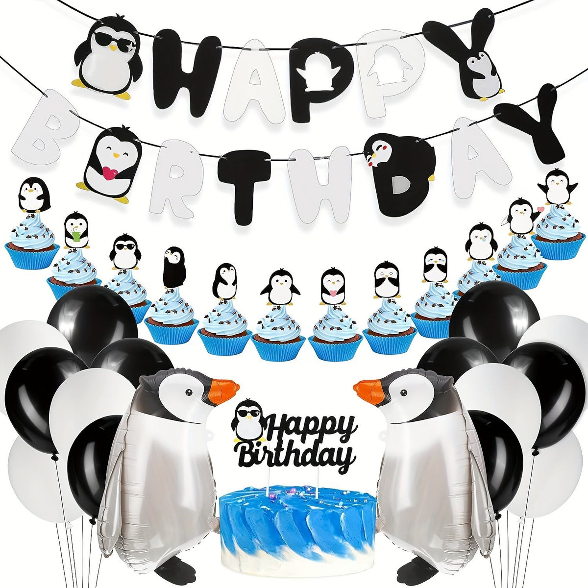 5pcs Cute Walking Standing Penguin Aluminum Balloon Traction Walking Balloon Ribbon For Kids Pet Theme Birthday Party Decoration