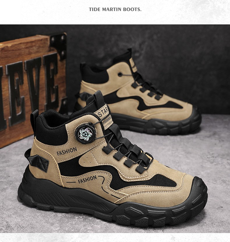 High-Top Men's Shoes for Winter, Thick-Soled Sports Shoes, British Style Retro Work Shoes, Rotating Buckle Casual Boots