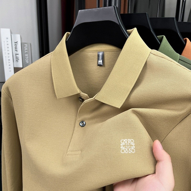 100% pure cotton spring and autumn fashionable men's collar striped long sleeved polo shirt brand embossed casual T-shirt