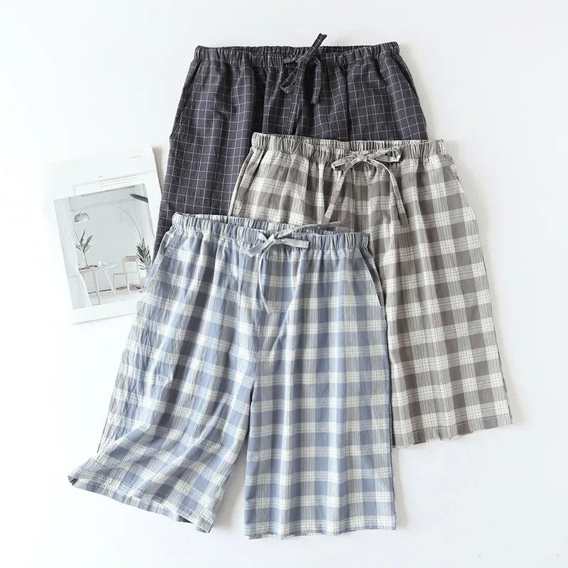 Plaid Design Sleepwear Men Pajama Shorts for Summer Thin Cotton Loose Double-layer Homewear Lounge Wear Checkered Pj Pants