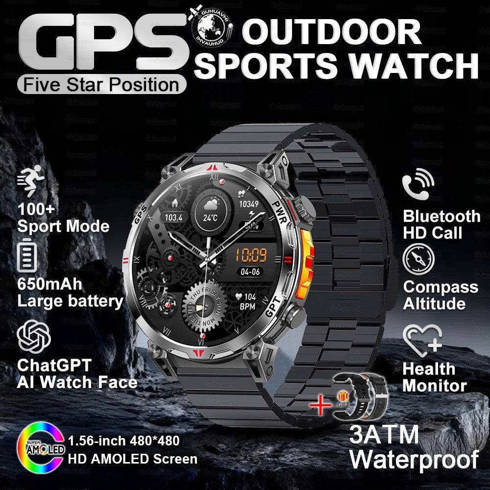 2025 Novo Relógio Inteligente Militar GPS para Exteriores Masculino 650mAh Bússola Altímetro 10ATM à Prova D'água Frequência Cardíaca Chamada Esportiva Smartwatch