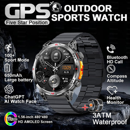 2025 Novo Relógio Inteligente Militar GPS para Exteriores Masculino 650mAh Bússola Altímetro 10ATM à Prova D'água Frequência Cardíaca Chamada Esportiva Smartwatch