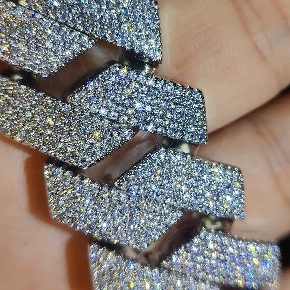 Colar Masculino/Feminino Folheado a Ouro Branco/18k com Corrente Cubana Grossa de 15mm com Duas Fileiras de Zircônias Cravejadas, Joia de Hip Hop com Zircônias Cravejadas, Presente