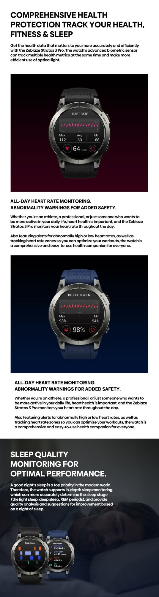 Zeblaze Stratos 3 PRO GPS Smart Watch 1.43" AMOLED Display Bluetooth Phone Calls Health Monitor Smartwatch Sports Route Display