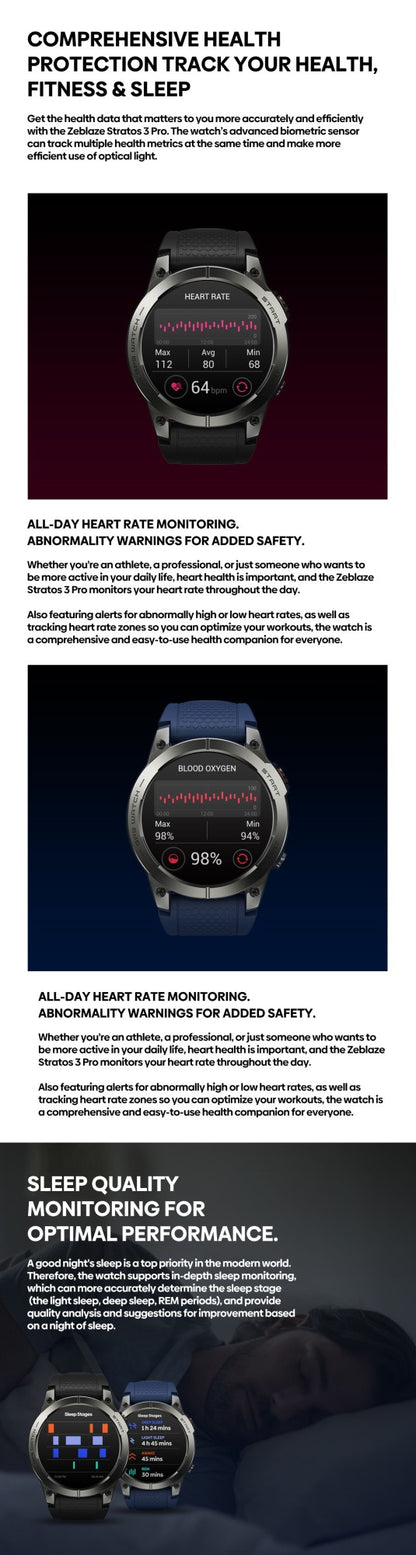 Zeblaze Stratos 3 PRO GPS Smart Watch 1.43" AMOLED Display Bluetooth Phone Calls Health Monitor Smartwatch Sports Route Display