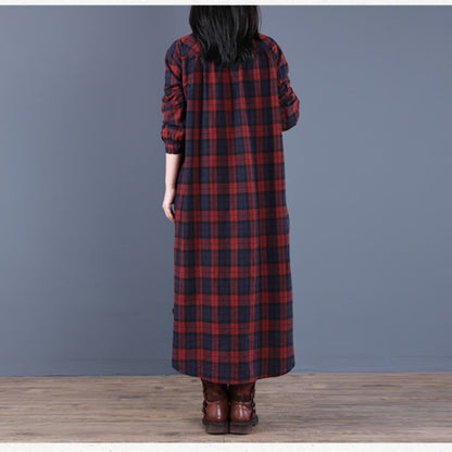 Spring And Autumn New Women's Fashion Loose Splicing Plaid Collar Button Long Sleeve Dress Medium Length Shirt Maxi Dresses 2026