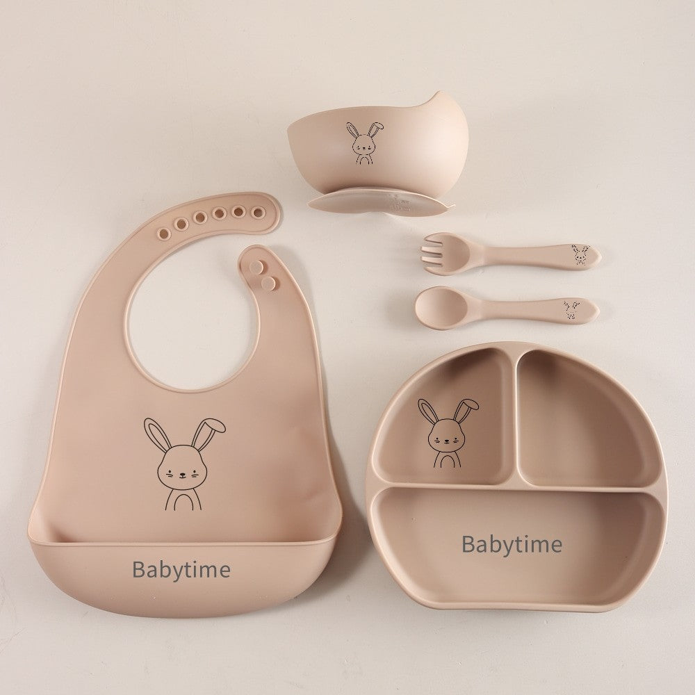 5pcs Bunny Baby Utensils Set, Food Grade Silicone Weaning Set with Bib, Suction Plate, Bowl, Spoon & Fork gift set
