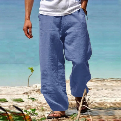 Calças Masculinas de Linho e Algodão Perna Reta Respiráveis Leves Estilo Praia Confortáveis Calças Casuais Primavera Verão