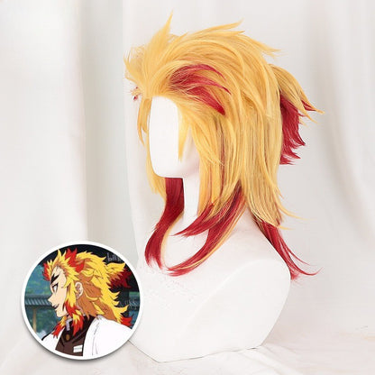 Demon Slayer Rengoku Kyoujurou Peruca Cosplay Amarelo Vermelho Sintética Curta Cacheada Peruca Anime Coser Alta Qualidade Peruca Festa Diária