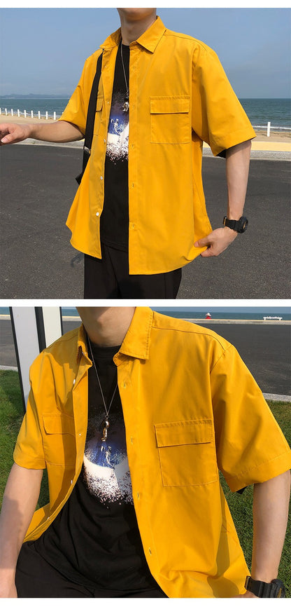 Summer Basic Shirts for Men 2025 New Half Sleeve Cargo Shirts Loose Casual Lapel Cardigan Tops Male Shirt Coats Retro Streetwear