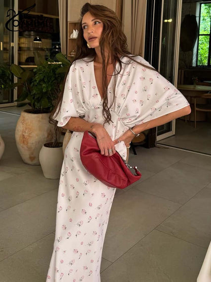 Oymimi Casual White Print Dresses For Woman Fashion V-Neck Batwing Sleeve Dresses Elegant Straight Floor-Length Dress Streetwear