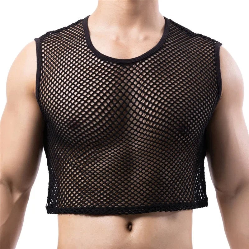 Mens Transparent Fishnet Crop Top Sexy Mesh Hollow Out Tank Tops Gym Fitness Sleeveless Undershirts T-shirts Nightclub Mini Vest