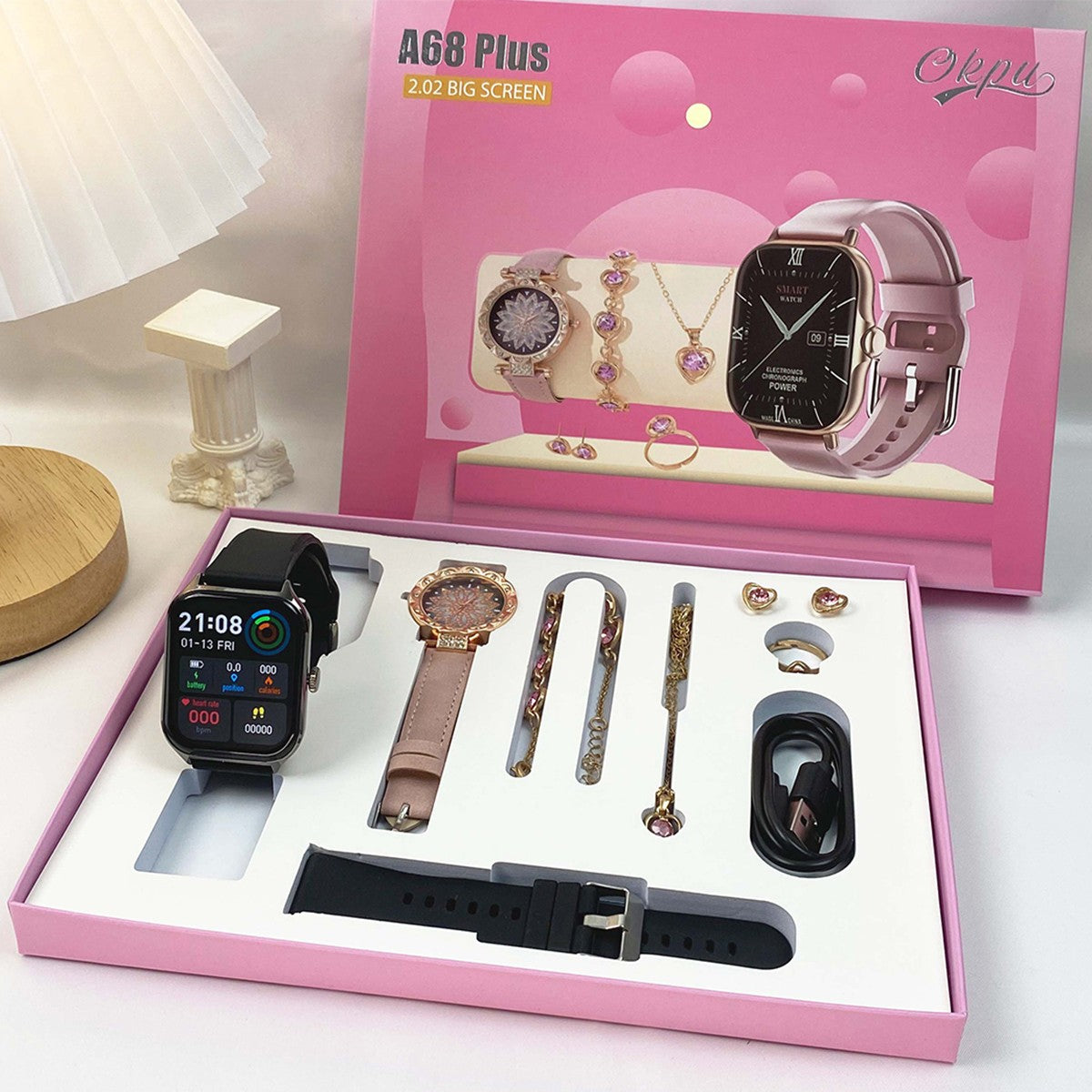 Fashion Smart Watch Gift Box Set + Diamond Quartz Watch + Necklace + Earrings + Ring + Bracelet