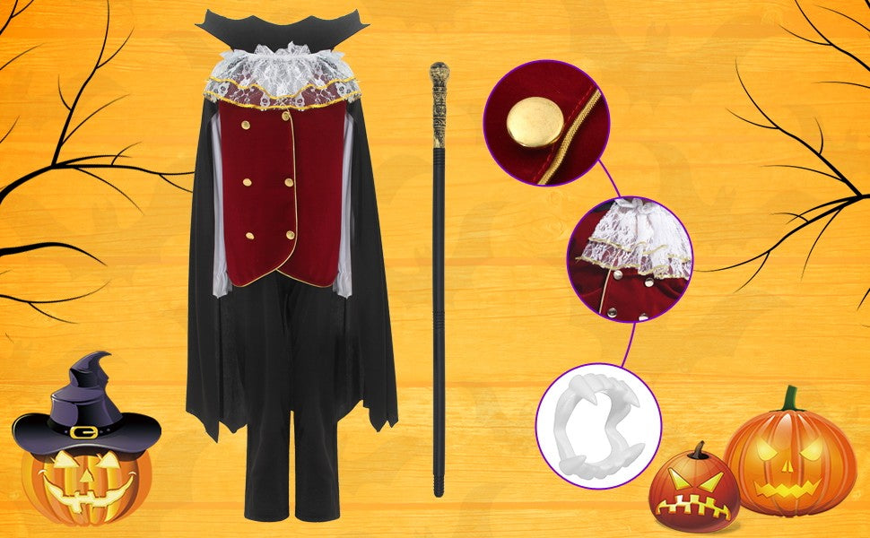 Kids Vampire Cosplay Costume for Boys Men Halloween Carnival Party Costumes with Walking Cane Stickers False Teeth
