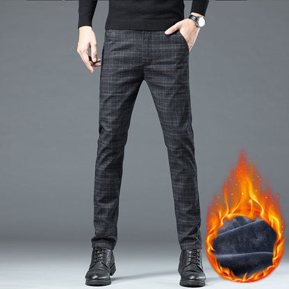 Autumn Winter New Fleece Thickened Casual Pants Men Business Straight Slim Plaid Pants Black Gray Men's Warm Trousers