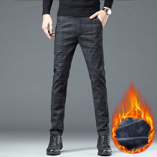 Autumn Winter New Fleece Thickened Casual Pants Men Business Straight Slim Plaid Pants Black Gray Men's Warm Trousers