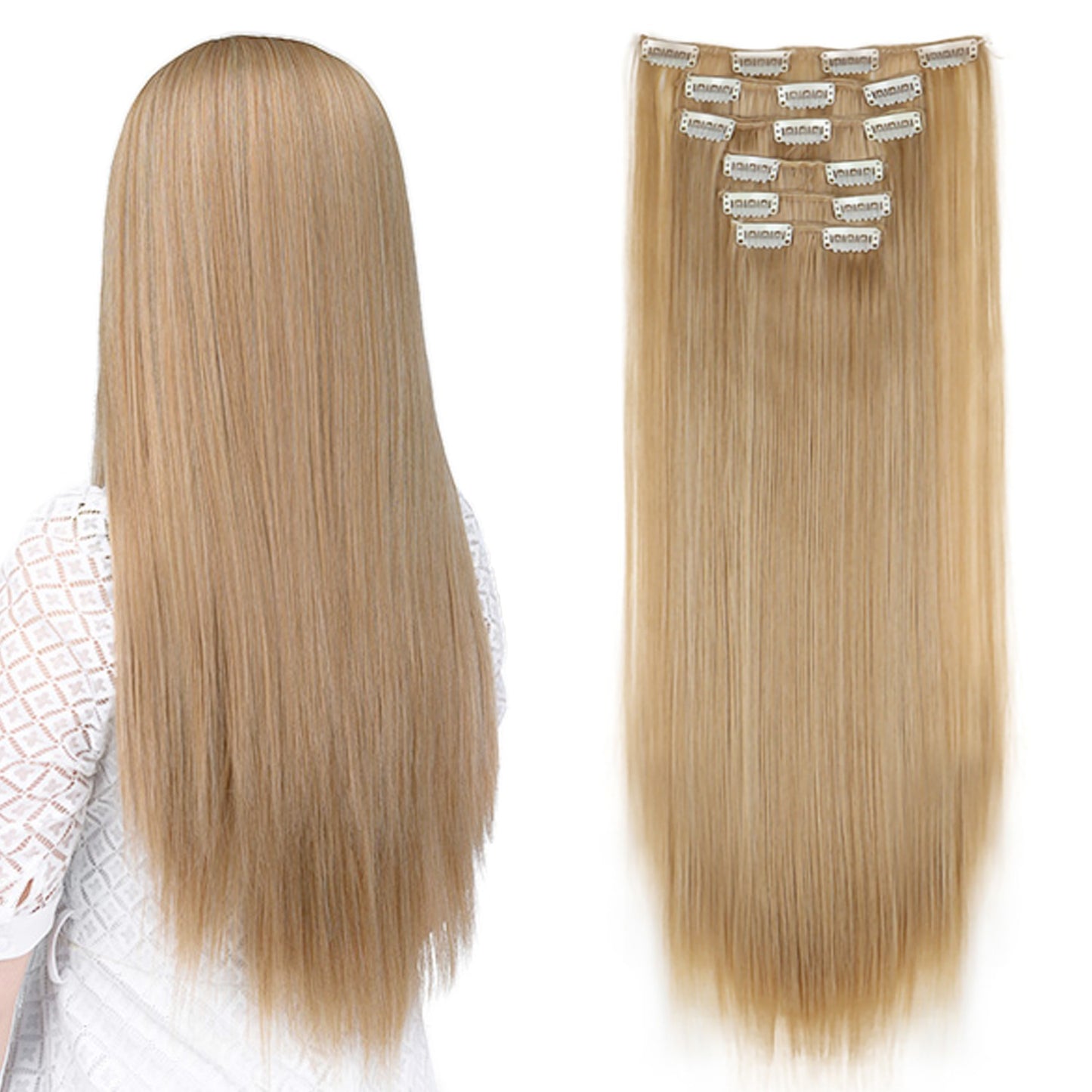 Apliques de Cabelo Natural de 24 Polegadas Cabelo Sintético para Mulheres Kit de Fios de Cabelo 16 Tic-Tacs em 6 Peças Apliques Mechas de Cabelo