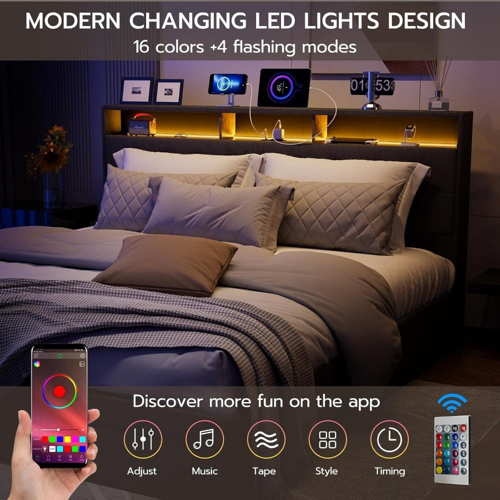 King Bed Frame with Charging Station Storage Headboard Upholstered Linen Button Tufted LED Platform Bed with 4 Drawers