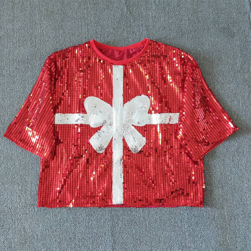 CHIC European American Festival Xmas Tree Bow Women Sequined T-shirt Short Top Casual Jersey Girls Short Sleeves Tee Christmas