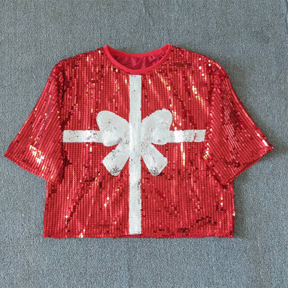 CHIC European American Festival Xmas Tree Bow Women Sequined T-shirt Short Top Casual Jersey Girls Short Sleeves Tee Christmas