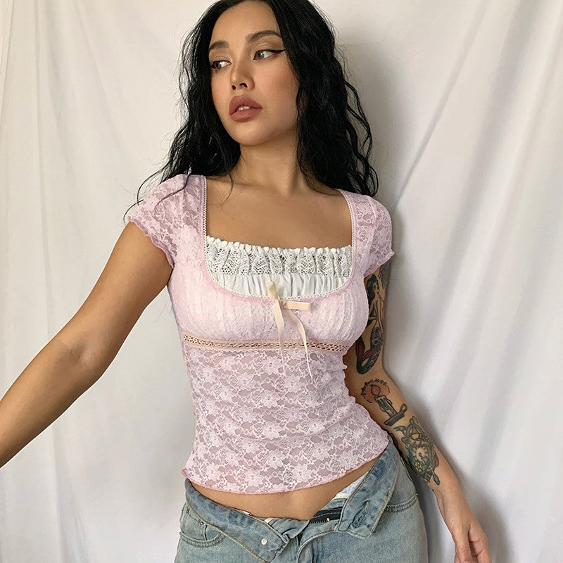 2025 New Retro Lace Tops Women y2k Gothic Sweety Shirts Short Sleeve Lace Square Neck Crop Tops and Blouses Summer Tshirt