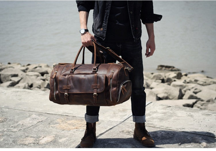 MUNUKI Vintage Crazy Horse Genuine Leather Travel bag  Large Luggage bag men Leather duffle bag Large Weekend Bag Tote Big