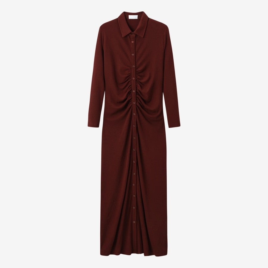 AS AW25 woman dress turn-down collar ribbing high elastic shirring maxi dress