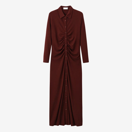 AS AW25 woman dress turn-down collar ribbing high elastic shirring maxi dress