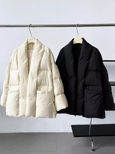 Lagabogy 2025 Winter Belt Waist-Tight Elegant Warm 90% White Duck Down Jacket Female Long Sleeve Solid Color V-neck Puffer Coat