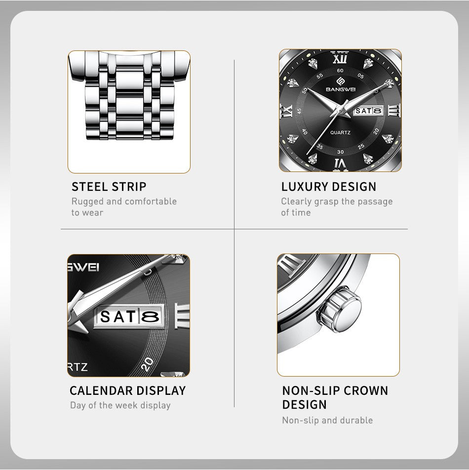 LIGE Brand BANGWEI Quartz Man Watch Fashion Stainless Steel Band Business Luxury Diamond Waterproof Calendar Watches for Men+Box