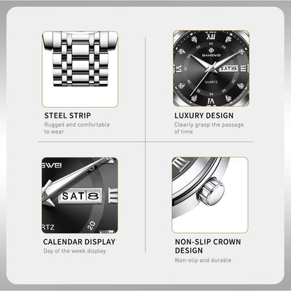 LIGE Brand BANGWEI Quartz Man Watch Fashion Stainless Steel Band Business Luxury Diamond Waterproof Calendar Watches for Men+Box