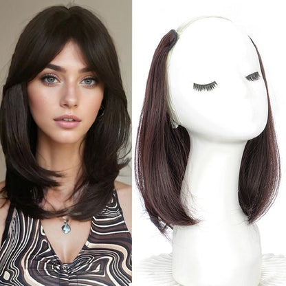 Extensão de Cabelo Invisível de 20/30cm com Fivela Interna Curta Reta Sintética em V, Meia Cabeça com 4 Presilhas, Peruca para Mulheres
