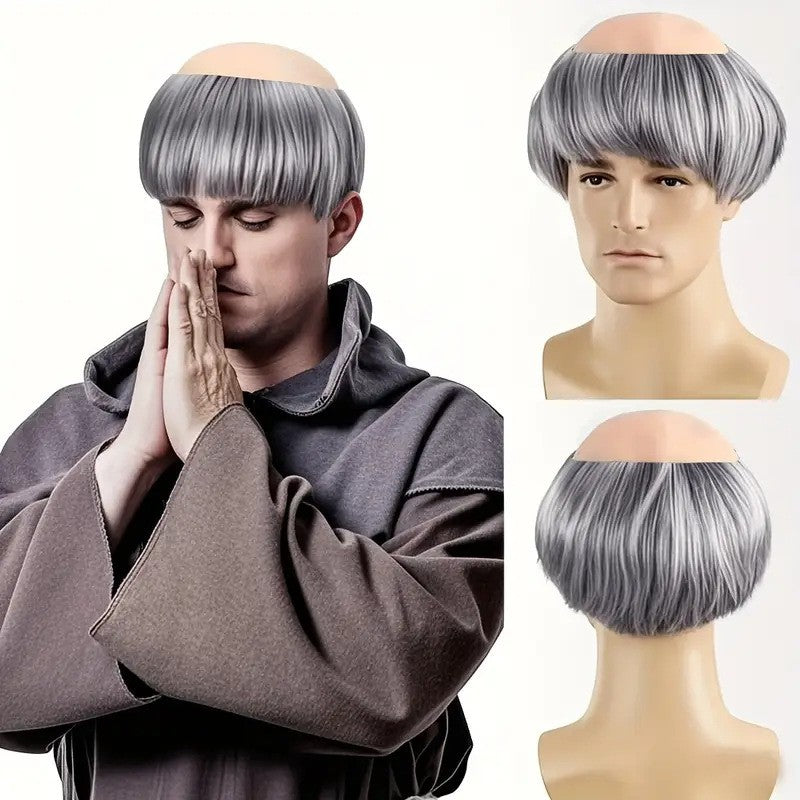 Peruca Sintética Careca Engraçada de Monge para Cosplay, Marrom Novedoso, Adequada para Festas Temáticas de Halloween e Natal, Peruca Careca de 6 Polegadas
