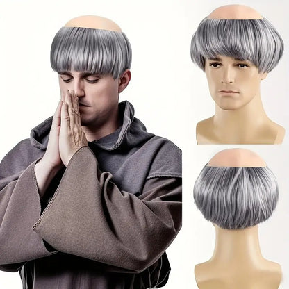 Peruca Sintética Careca Engraçada de Monge para Cosplay, Marrom Novedoso, Adequada para Festas Temáticas de Halloween e Natal, Peruca Careca de 6 Polegadas