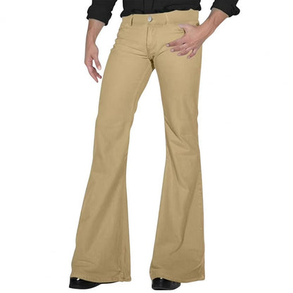 Calças masculinas boca de sino retrô calças masculinas de cor sólida de cintura média calças clássicas casuais dos anos 70 com zíper e boca de sino para homens