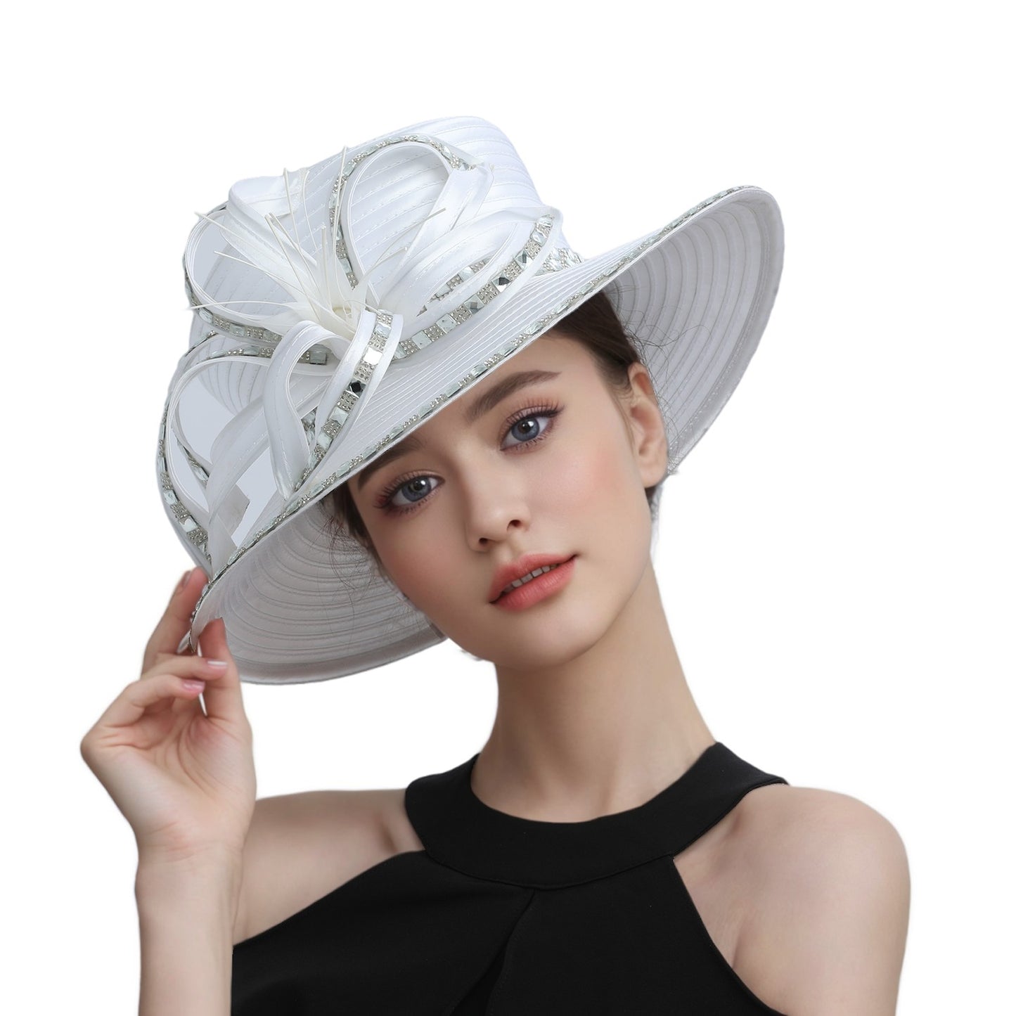 Deluxe New White Church Hat Party Banquet Satin Cloth Photography Hats Premium Chains Formal Hat Flower Top Cap For Women Ladies