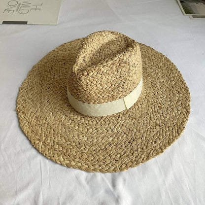 Chapéu de palha Raffite com aba grande para Jazz, chapéu de praia retrô inglês versátil para mulheres com proteção solar, estilo Hepburn, chapéu de senhora francesa
