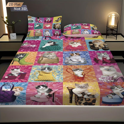 3pcs fabric splicing cute cat coreless bed sheet set, multi size bed cover bedroom bedding, holiday decoration, machine washable