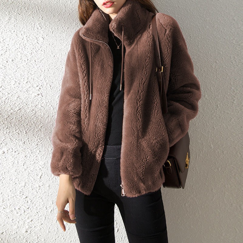 Elegant Autumn WInter Solid Jacket Fashion Long Sleeve Fleece Warm Stand Collar Plush Thick Coats Casual Office Lady Zip Outwear