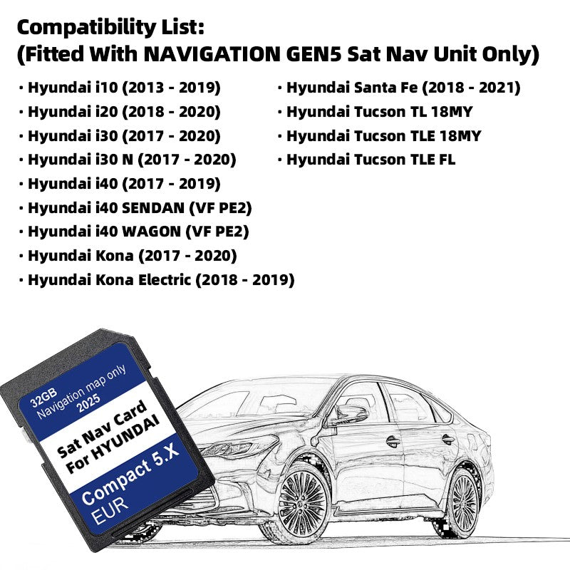 32GB SD Card Maps Europe Turkey for Hyundai Compact 5.X i10/i20/i30/i40/Kona/Santa/Tucson Car Sat Nav Navigation GEN5 GPS 2025