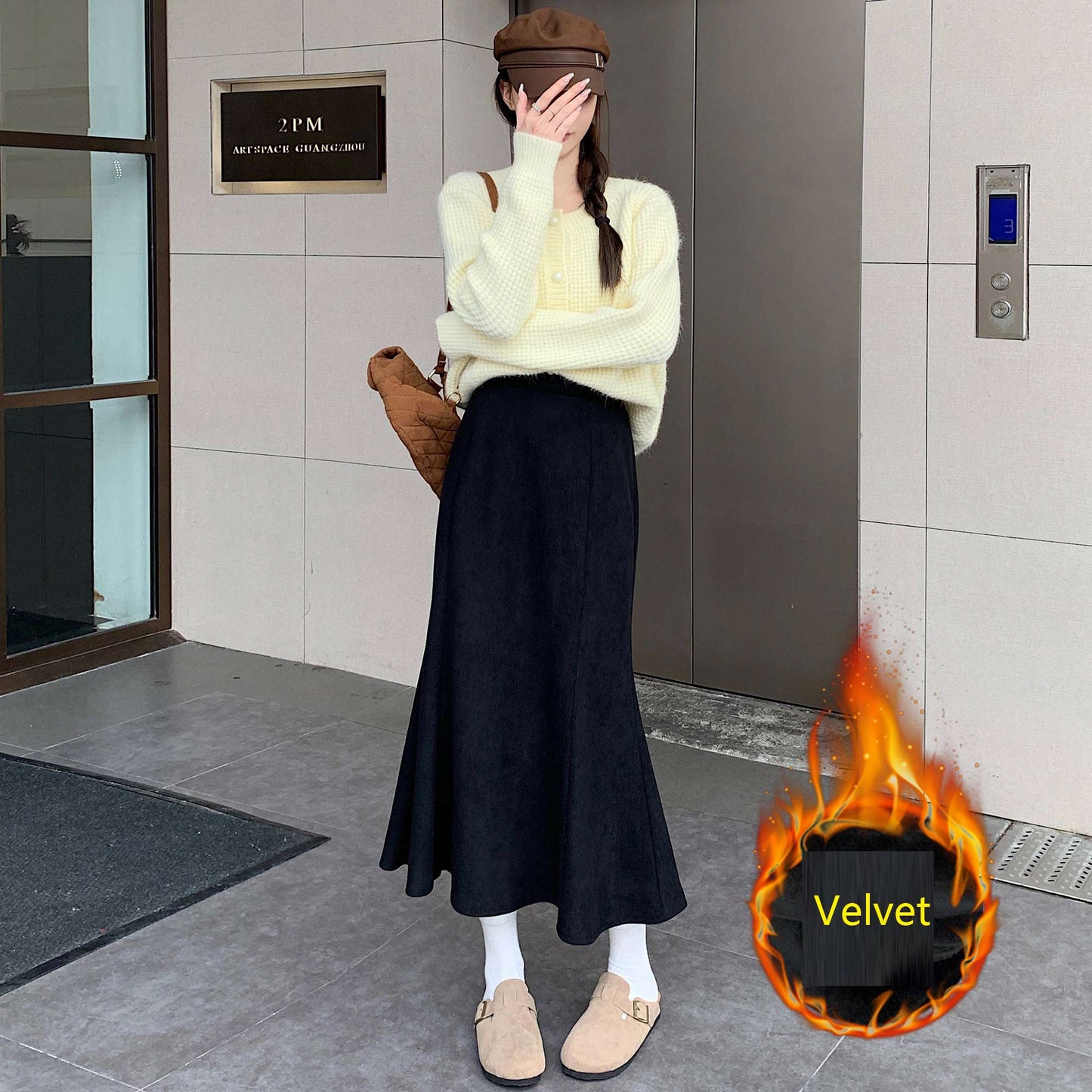Plus Size Skirt Women 2024 Winter High Waist Elastic Velvet A Line Mermaid Skirt Korean Style Elegant Brown Or Black Long Skirts