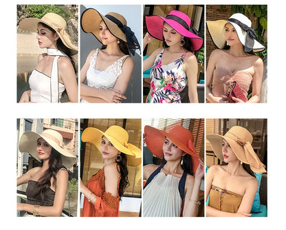 Women Summer Beach Travel Straw Hat Korean Seaside Big Hat Brim Sunblock Sunshade Holiday Foldable Fashion Big Cool Hat
