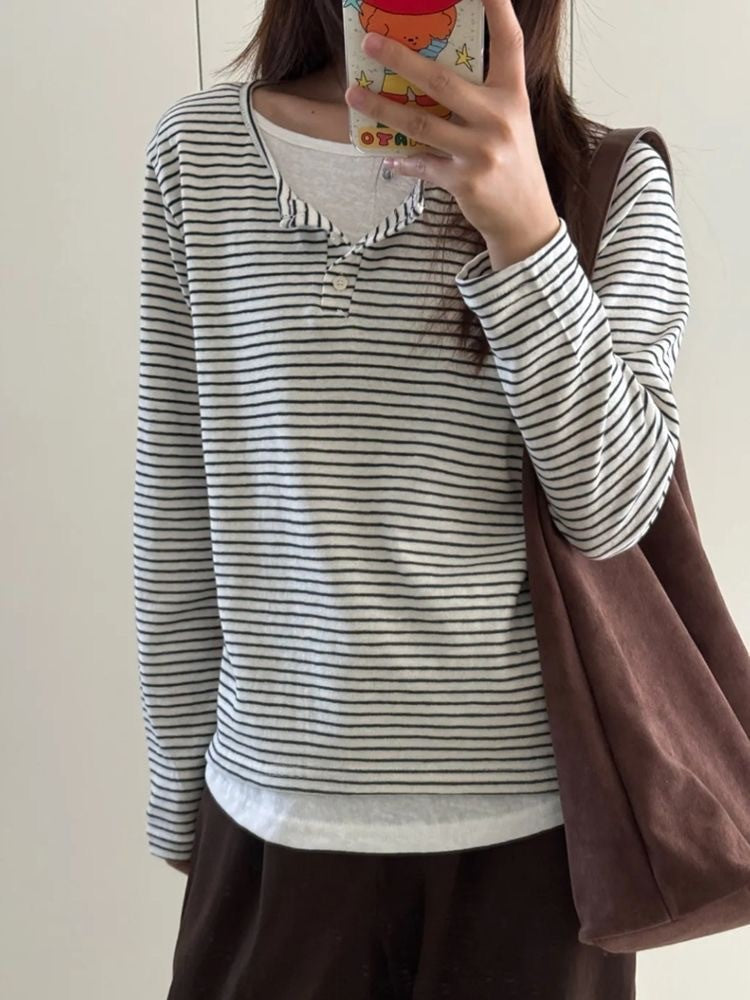 Stripe Button Long Sleeve T-shirt Slim Fit Fake Two-piece Women's Top 2025 Autumn Fashion Casual Long Sleeve Tops