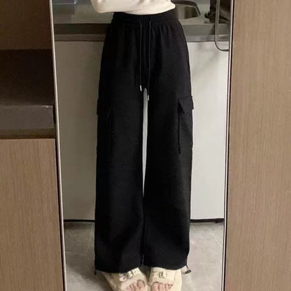 Winter Thick Fleece Women's Pants Casual Matching Cargo Pants Chic Sportswear Drawstring Straight Pants Lady's Trousers Pocket